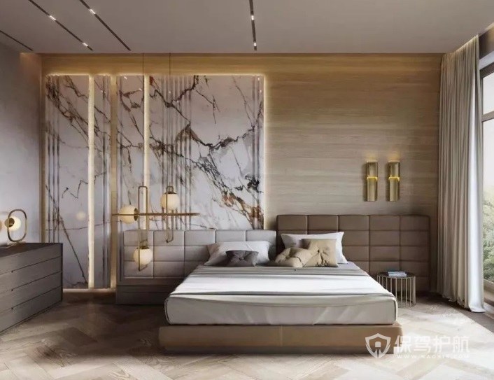 新中式混搭轻奢风卧室大理石背景墙装修效果图