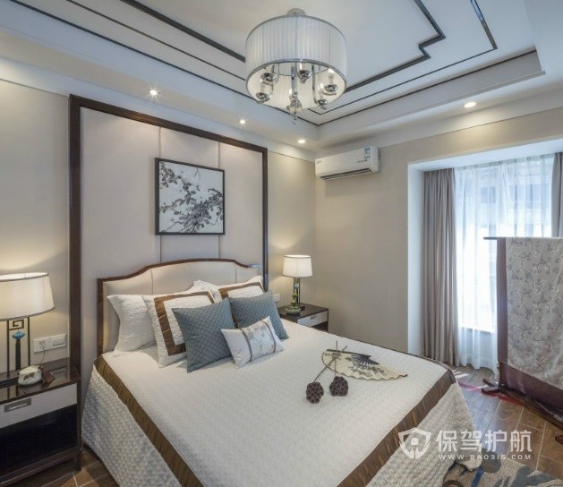 新中式淡雅风卧室背景墙装饰画装修效果图