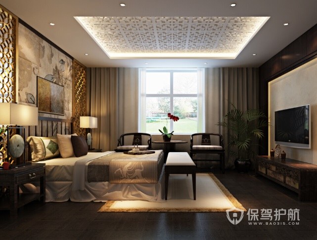 新中式古典风卧室雕花板背景墙装修效果图