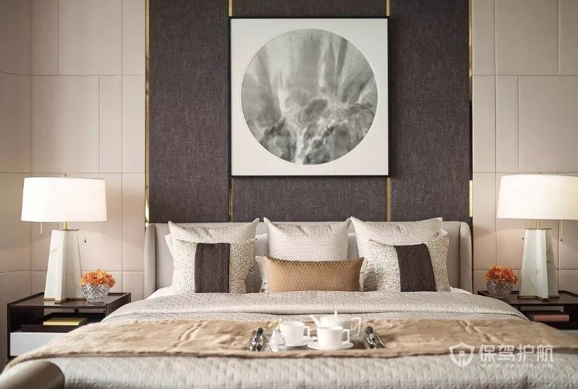 新中式卧室床头装饰画装修效果图