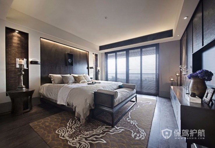 新中式复古风卧室印花地毯装修效果图