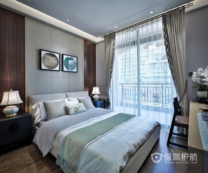中式典雅风卧室双层浅色窗帘装修效果图