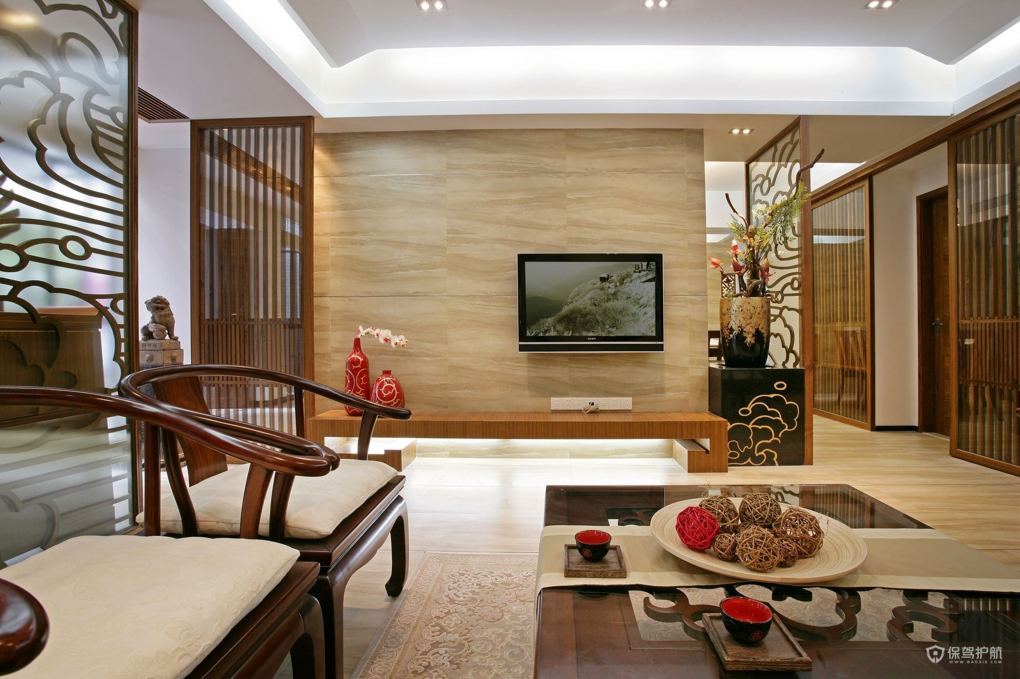 新中式风格别墅客厅电视墙装修效果图