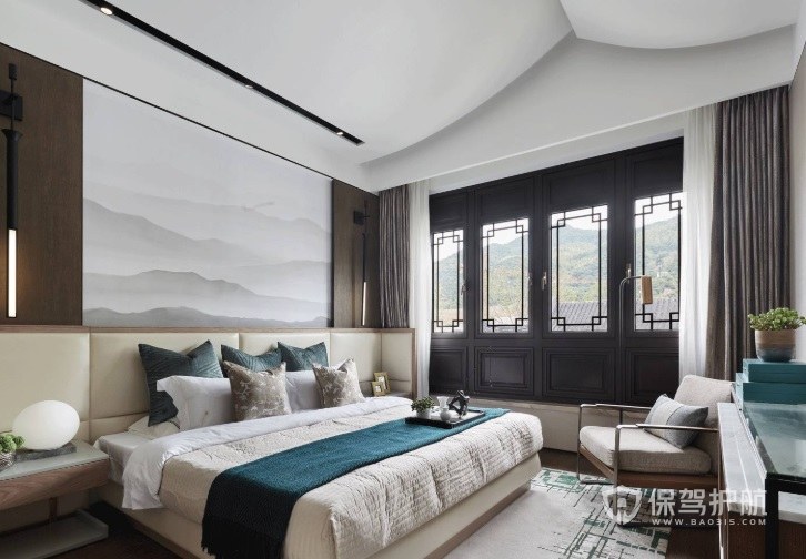 新中式阁楼卧室整排实木窗装修效果图