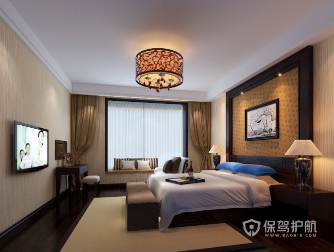 中式古典风卧室红色花纹灯饰装修效果图