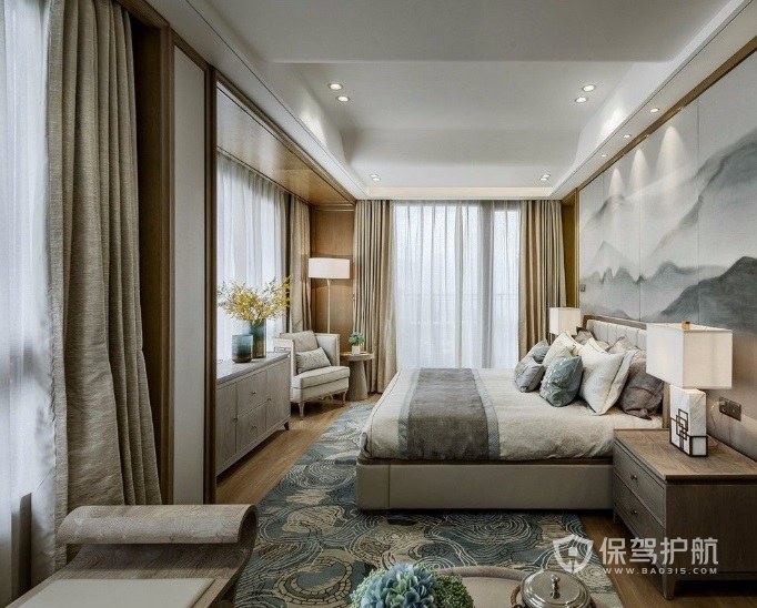 新中式文雅风卧室刺绣地毯装修效果图