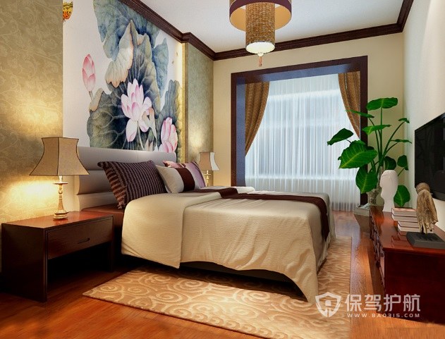 中式古典文雅风卧室荷花墙绘装修效果图