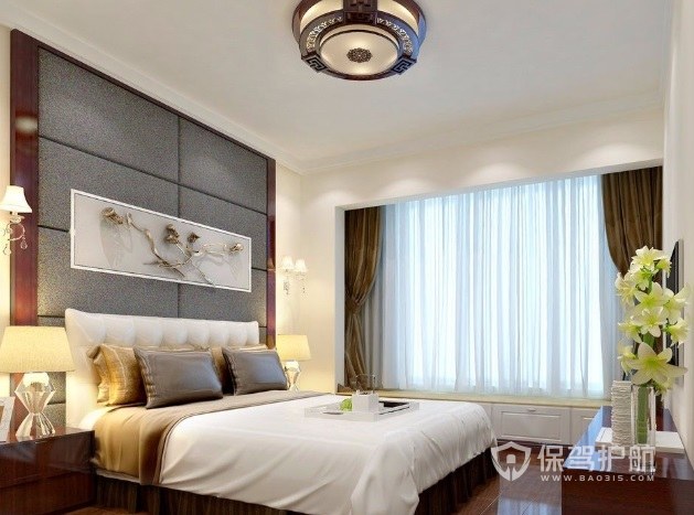 中式现代风卧室木制吸顶灯装修效果图