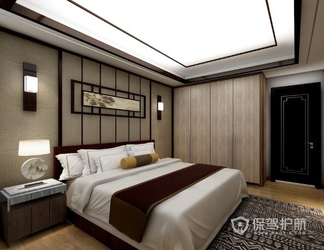 新中式卧室创意背景墙木格子装饰画效果图