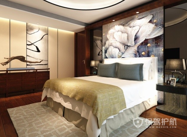 中式文雅风卧室3d背景墙装修效果图