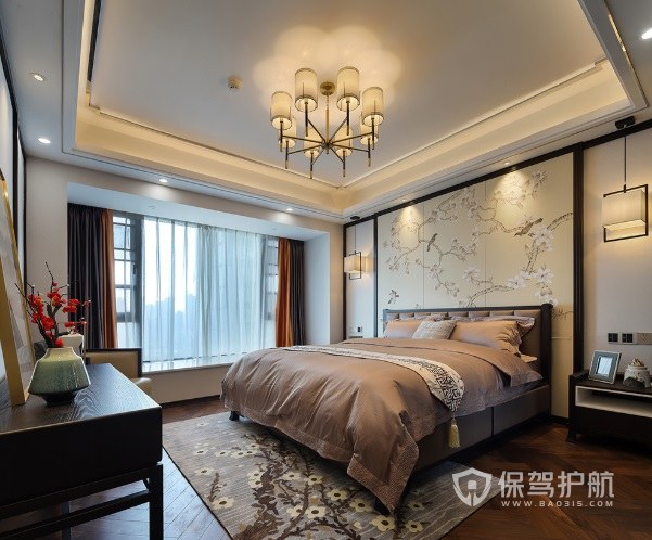 新中式卧室梅花刺绣地毯装修效果图