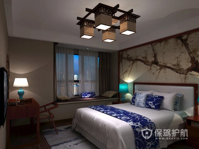 中式复古乡村风卧室背景墙装修效果图
