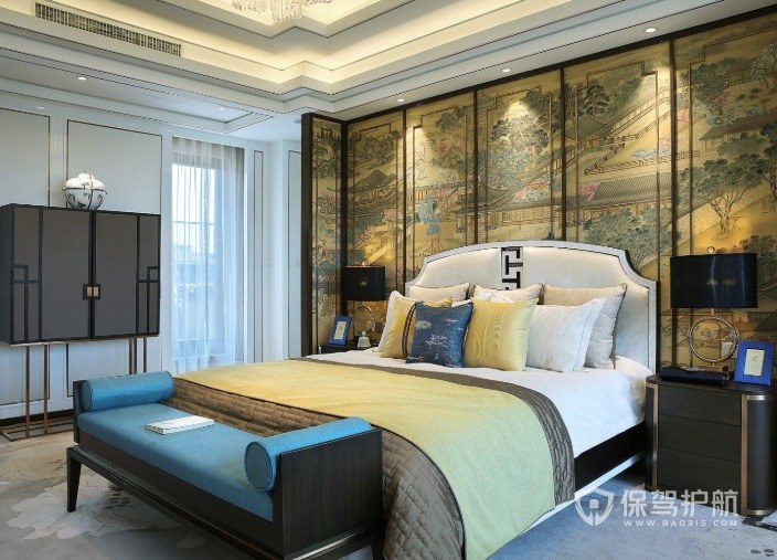 中式复古风卧室古典屏风装修效果图