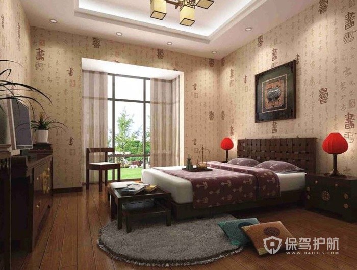 中式乡村风卧室禅意壁纸装修效果图