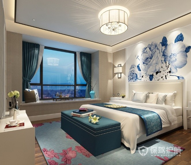 新中式清新典雅风卧室壁画装修效果图
