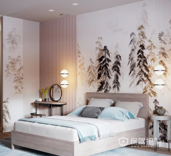 新中式简约风卧室墙绘装修效果图