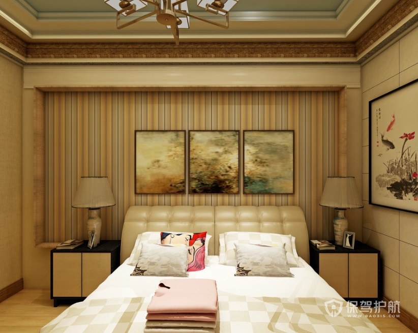 日式混搭中式风卧室背景墙装饰画效果图