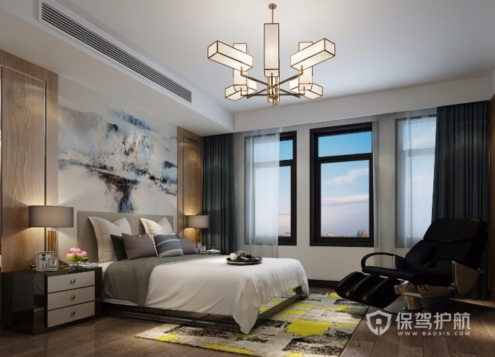 中式现代风卧室风扇灯饰装修效果图