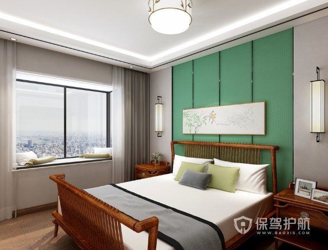 新中式简约风卧室绿色背景墙装修效果图