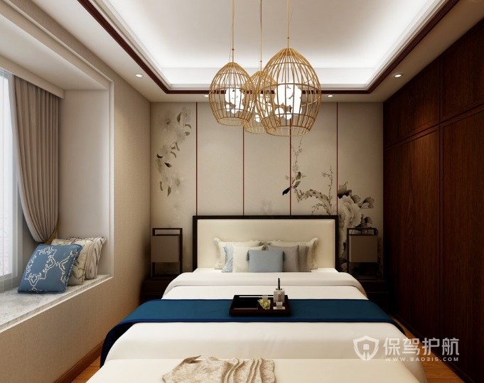 新中式文雅风卧室编织灯具装修效果图