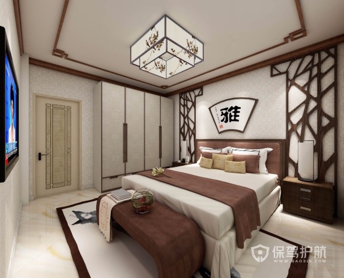 新中式复古风卧室雕花板背景墙装修效果图