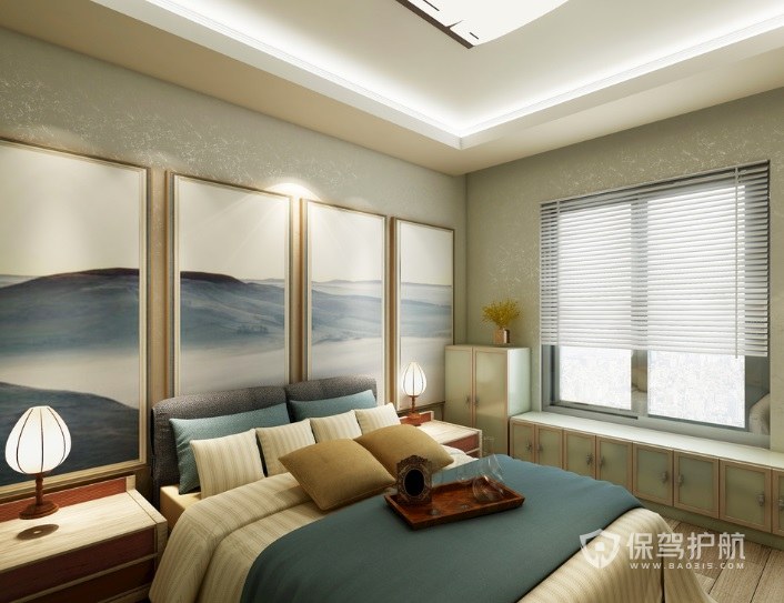新中式淡雅风卧室背景装饰画装修效果图