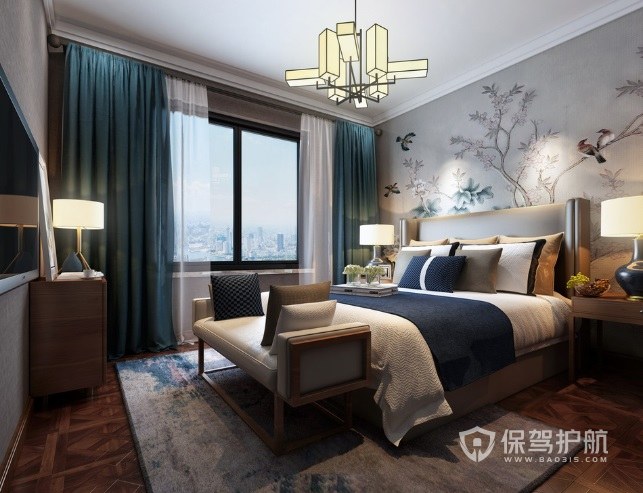 新中式典雅风卧室墙绘装修效果图