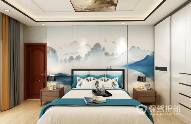 新中式淡雅风卧室吊顶墙绘装修效果图