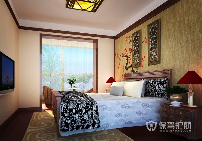 中式乡村复古风卧室梅花墙绘装修效果图