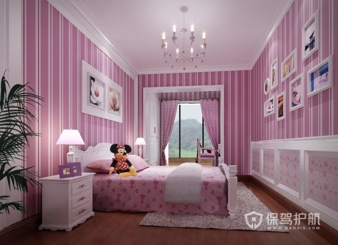 粉色主题儿童房水晶吊灯装修效果图