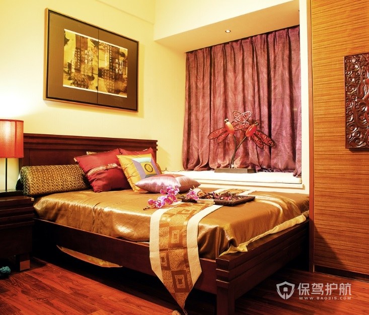 中式复古风卧室窗帘装修效果图