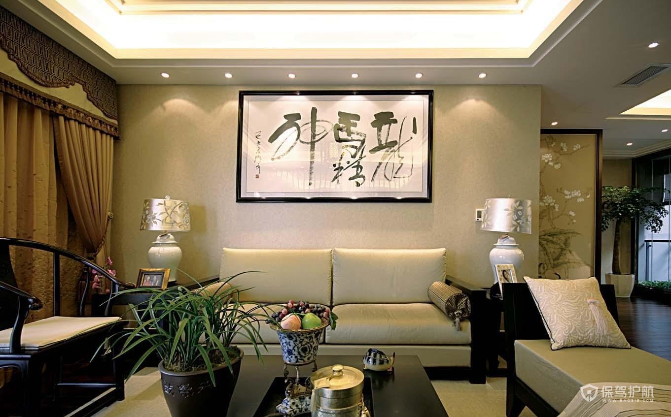 100中式三居室客厅沙发背景墙装修效果图