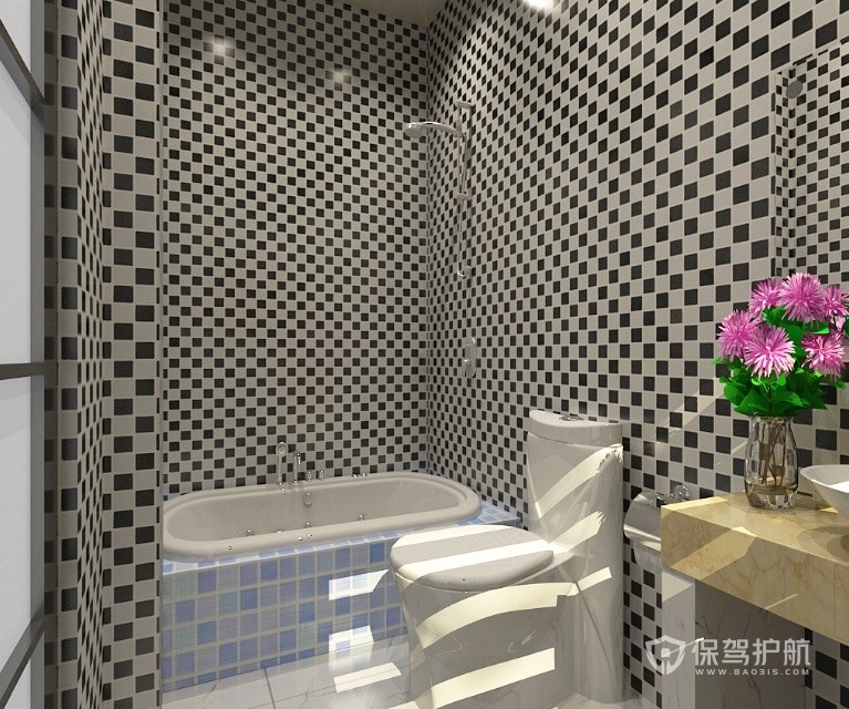 卫生间黑白马赛克瓷砖装修效果图