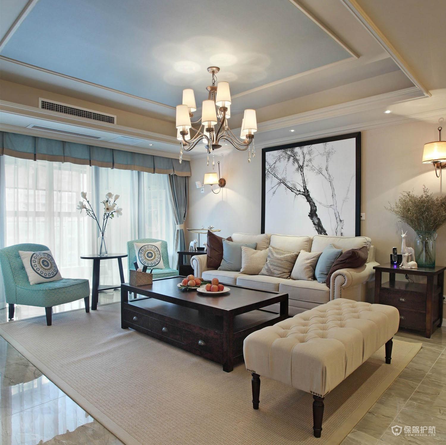 中式美式混搭风四居室客厅装修效果图