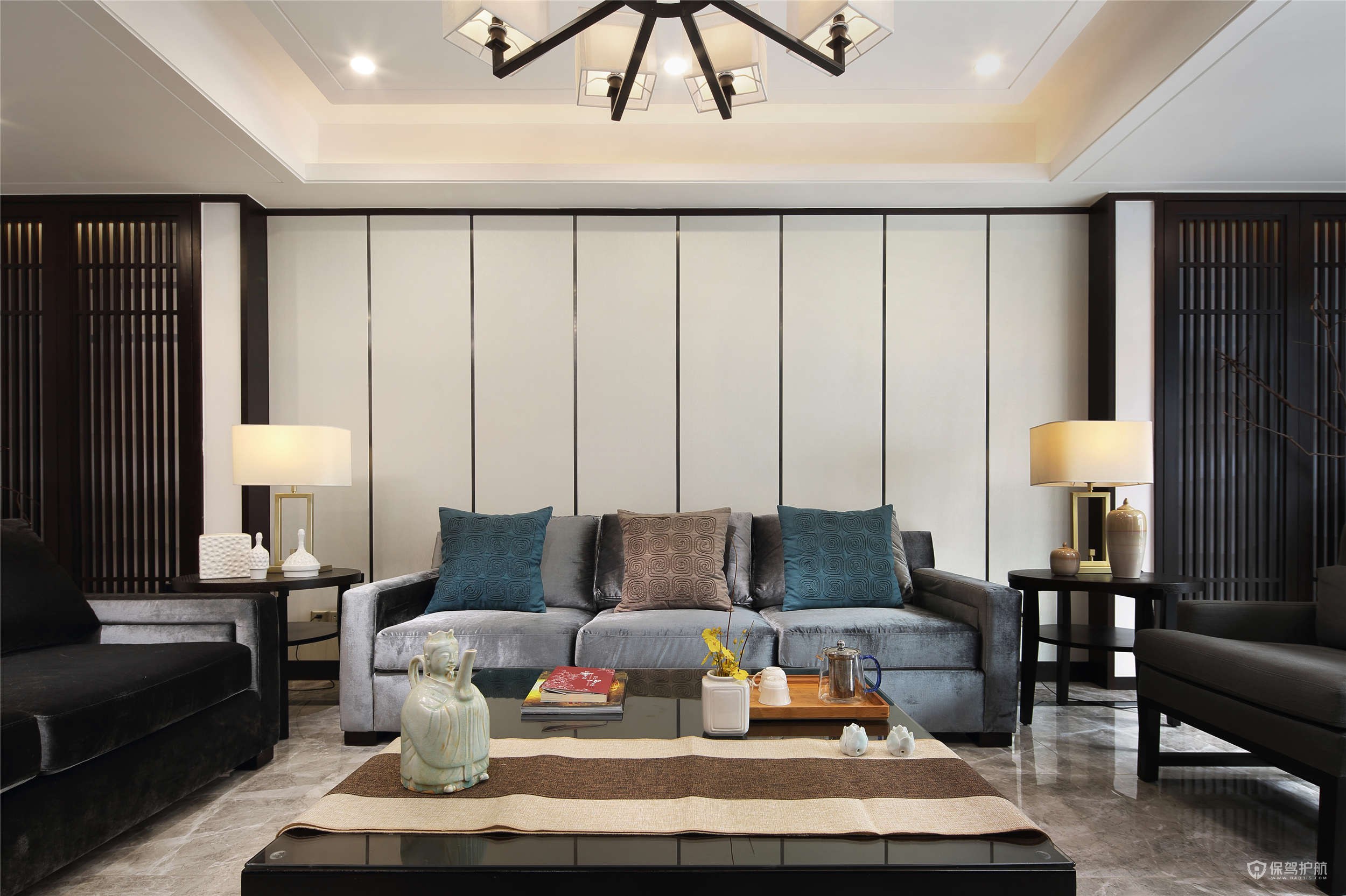 新中式四居室客厅沙发背景墙装修效果图