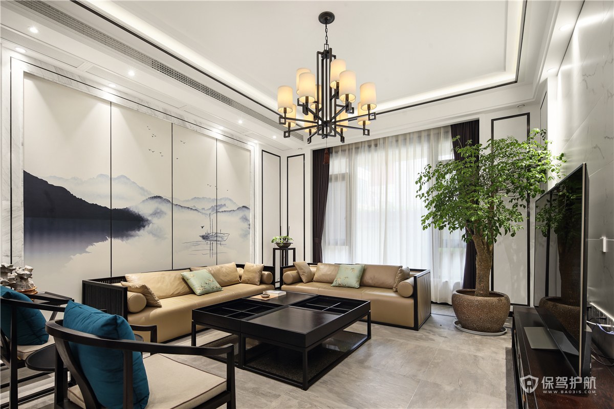 新中式别墅客厅沙发水墨背景墙装修效果图
