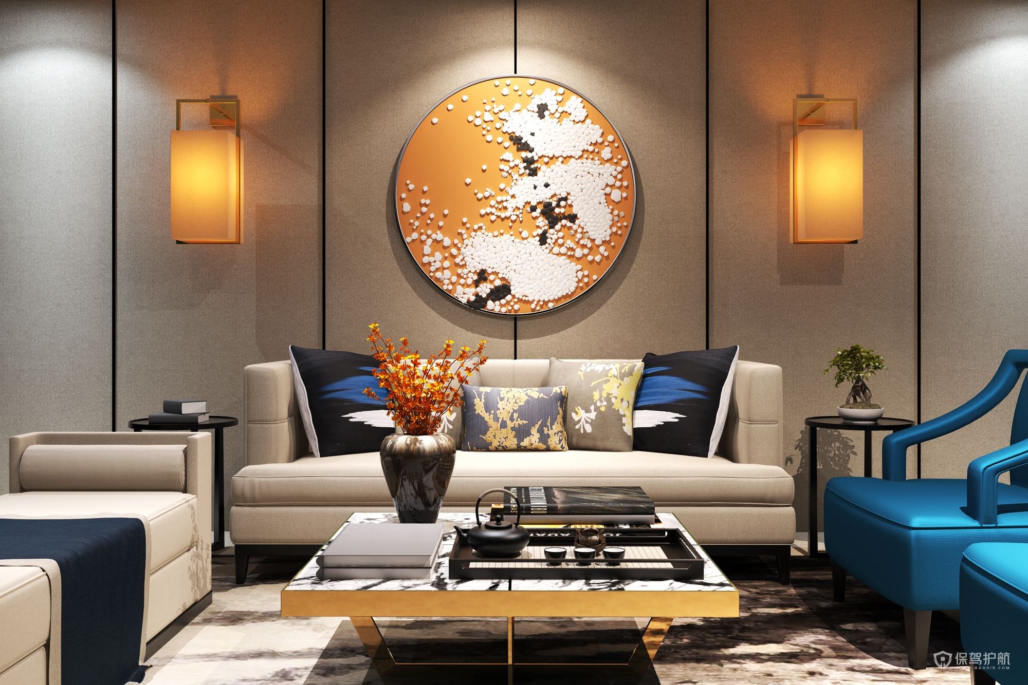 新中式四居室客厅沙发背景墙装修效果图