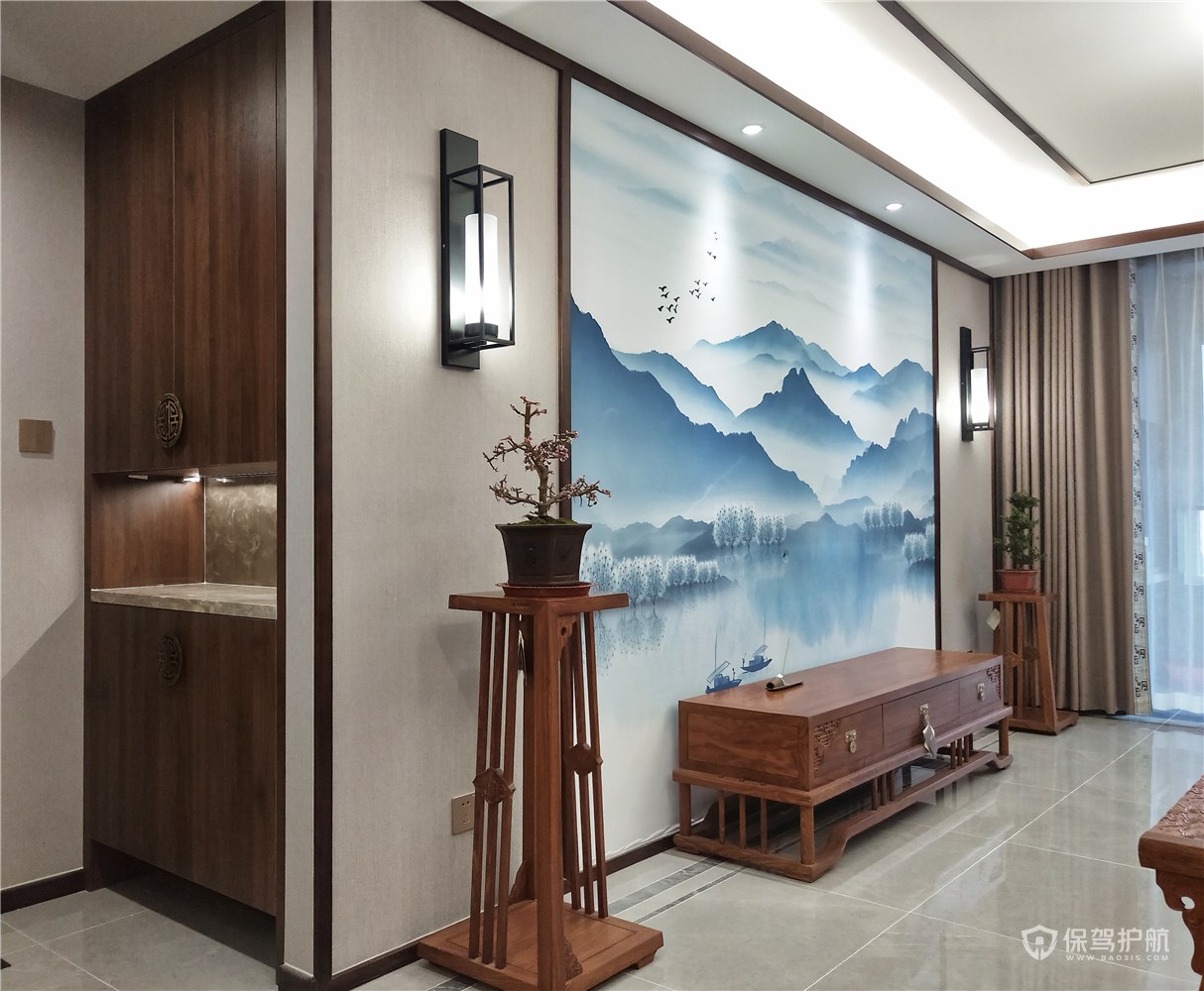 新中式三居室客厅电视背景墙装修效果图