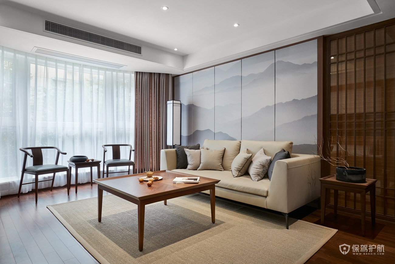 新中式复式客厅沙发背景墙装修效果图