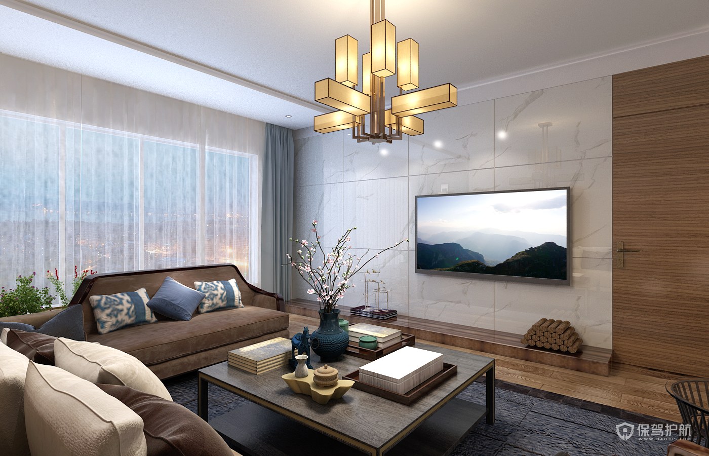 新中式三房客厅电视背景墙装修效果图