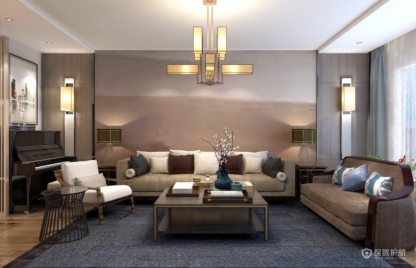 125平新中式三房客厅沙发背景墙装修效果图
