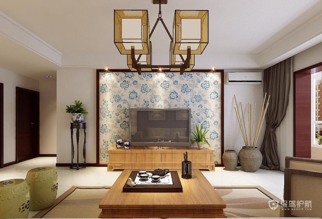 新中式客厅青花瓷电视背景墙装修效果图