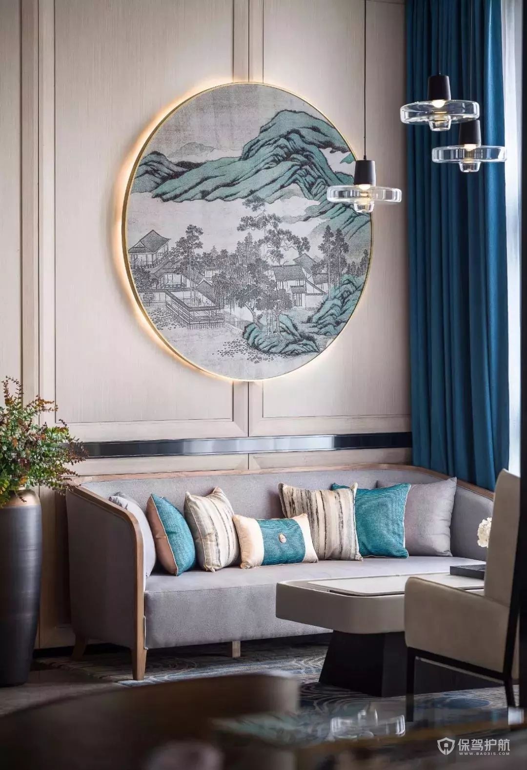 新中式三居室客厅沙发背景墙装修效果图