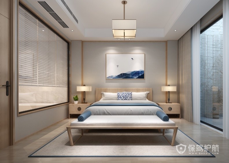 现代日式禅意卧室方形灯装修效果图