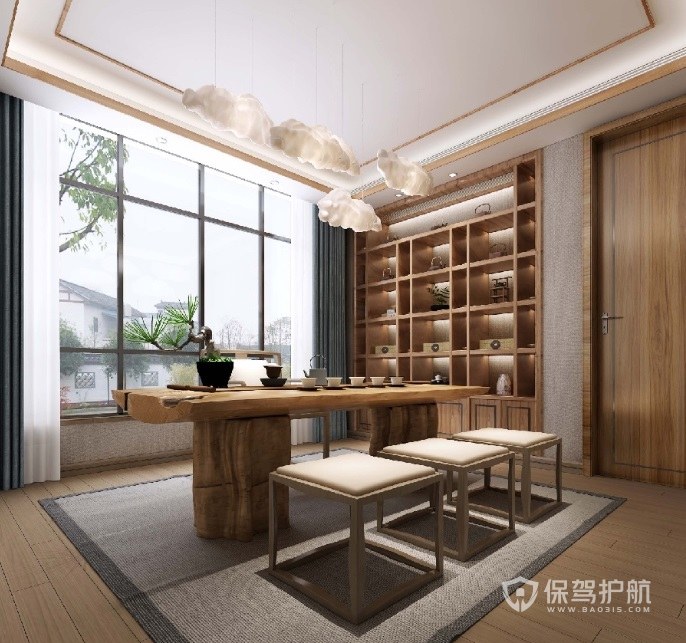 新中式茶室创意木制茶桌装修效果图