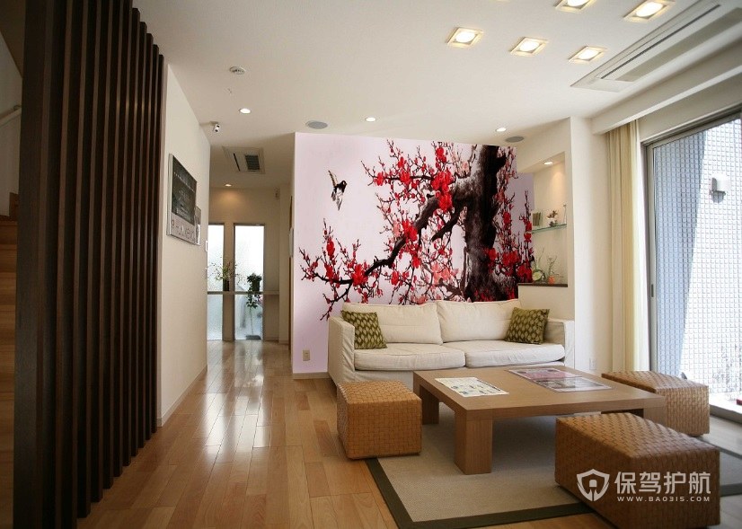 日式风客厅手绘背景墙画装修效果图