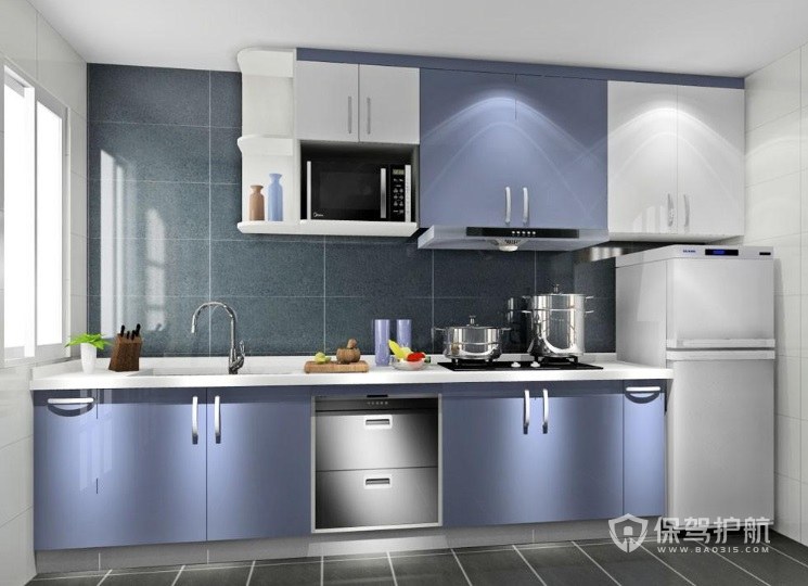 雾霾蓝+白色一字型厨房装修效果图