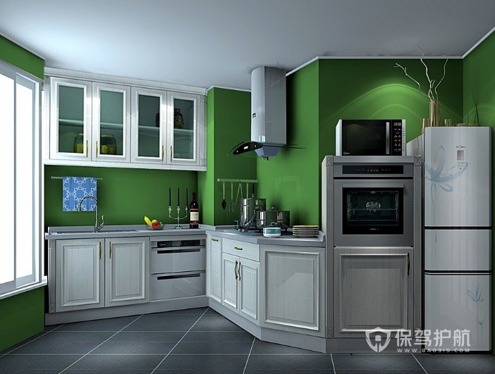 白+绿色系不规则厨房装修效果图