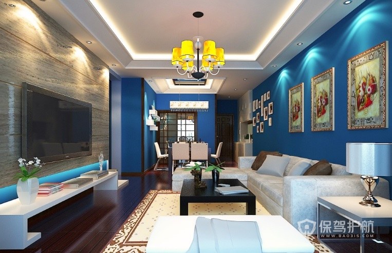 美式复古风客厅蓝色背景墙装修效果图