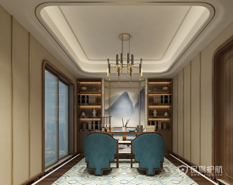 新中式会客厅书架背景墙装修效果图